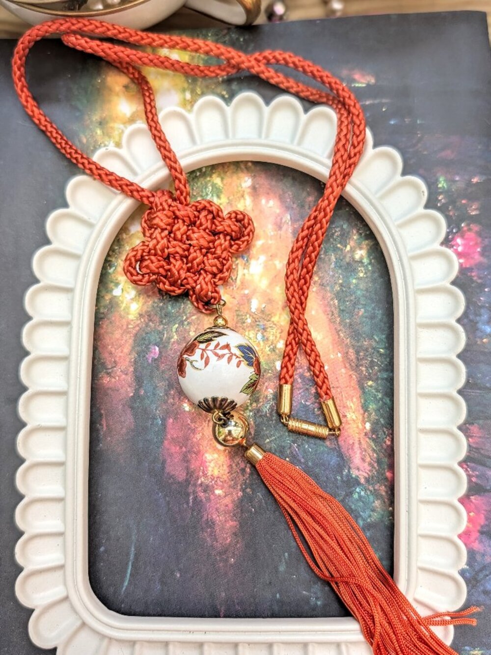 Vintage Classic Chinese Knot, Floral Painted Porcelain Pendant & Tassel Necklace